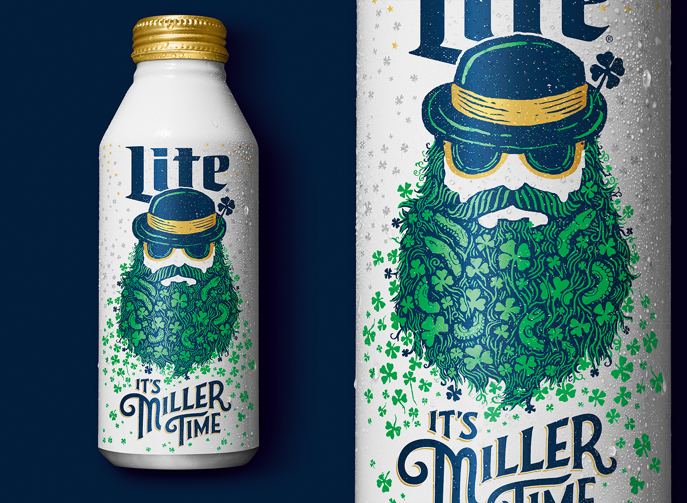 miller lite beer st. patty's day can beard shamrock snake handletter handtype Label