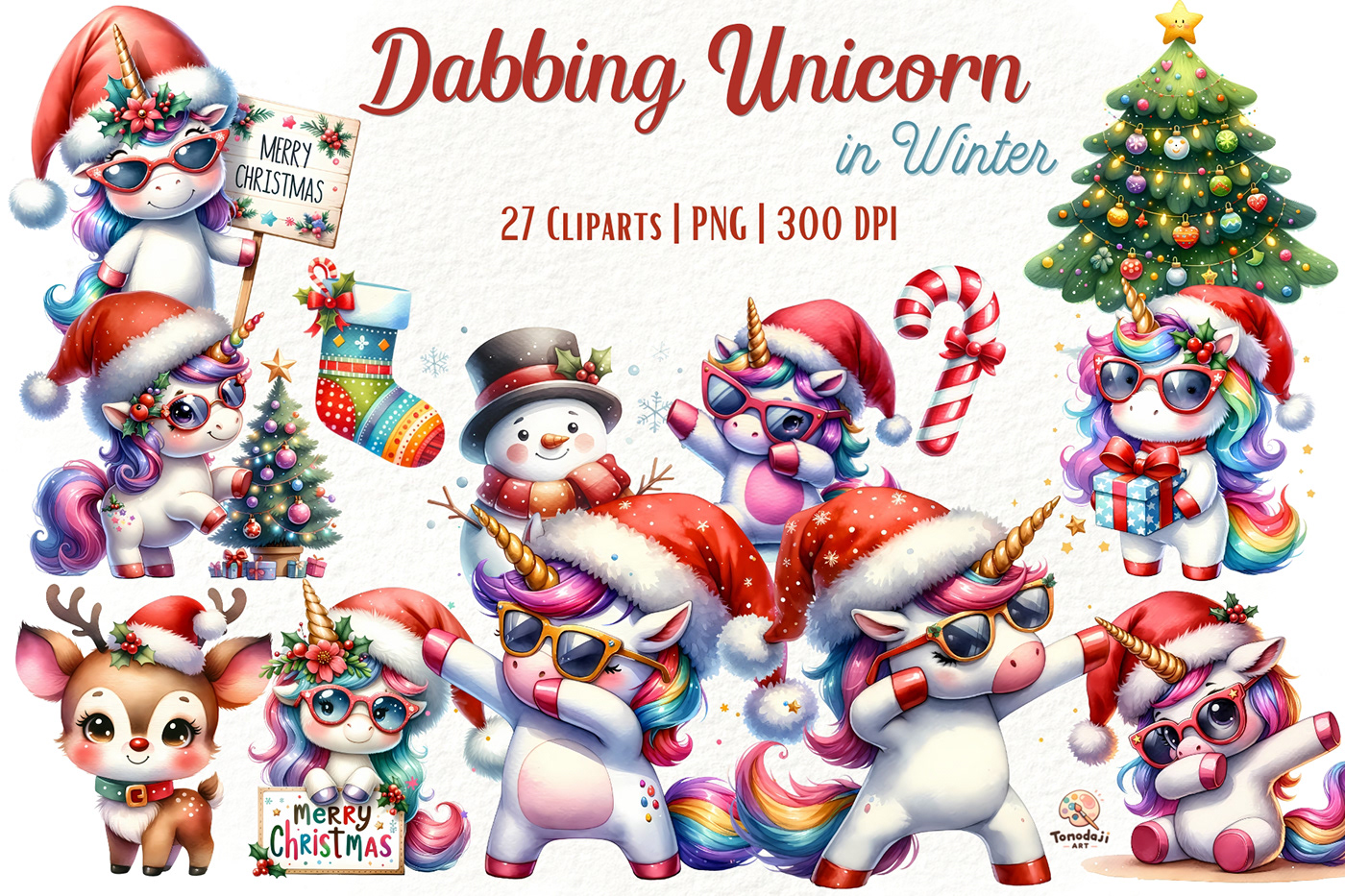 watercolor Digital Art  Graphic Designer unicorn cute digital illustration winter Christmas new year Merry Christmas