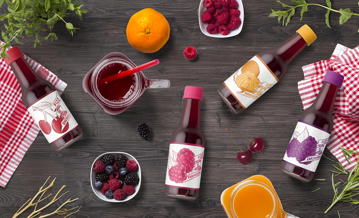 fizz sodas ILLUSTRATION  cherry raspberry tangerine blackberry Packaging Mockup juice