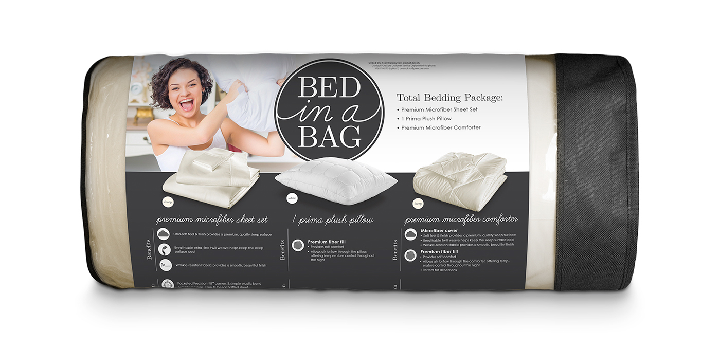 Bed-In-A-Bag bedding PureCare Fabrictech Packaging tear sheet set bed sleep lifestyle