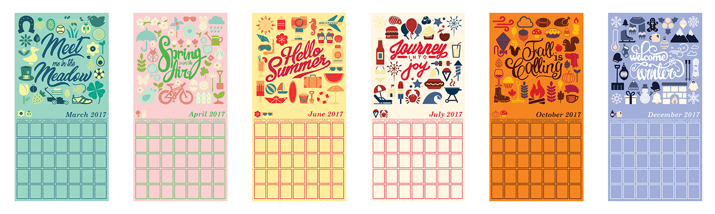calendar icons color pallet flat graphic months HAND LETTERING colorful seasons