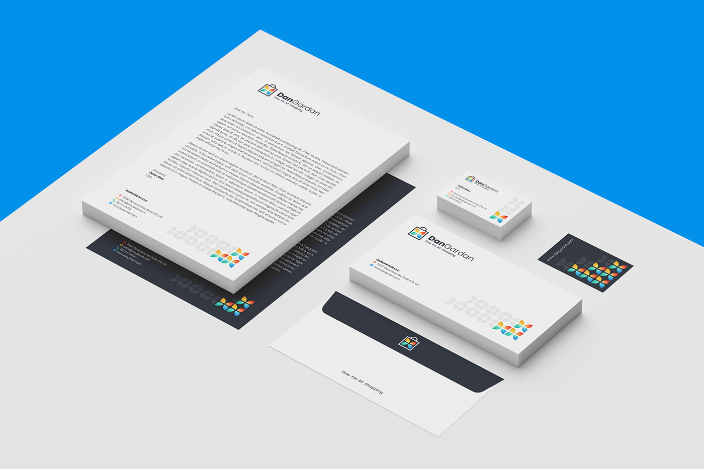 A4 Letterhead, DL Envelope and 85x55 Business Card Mock-up on white background, perspective view.