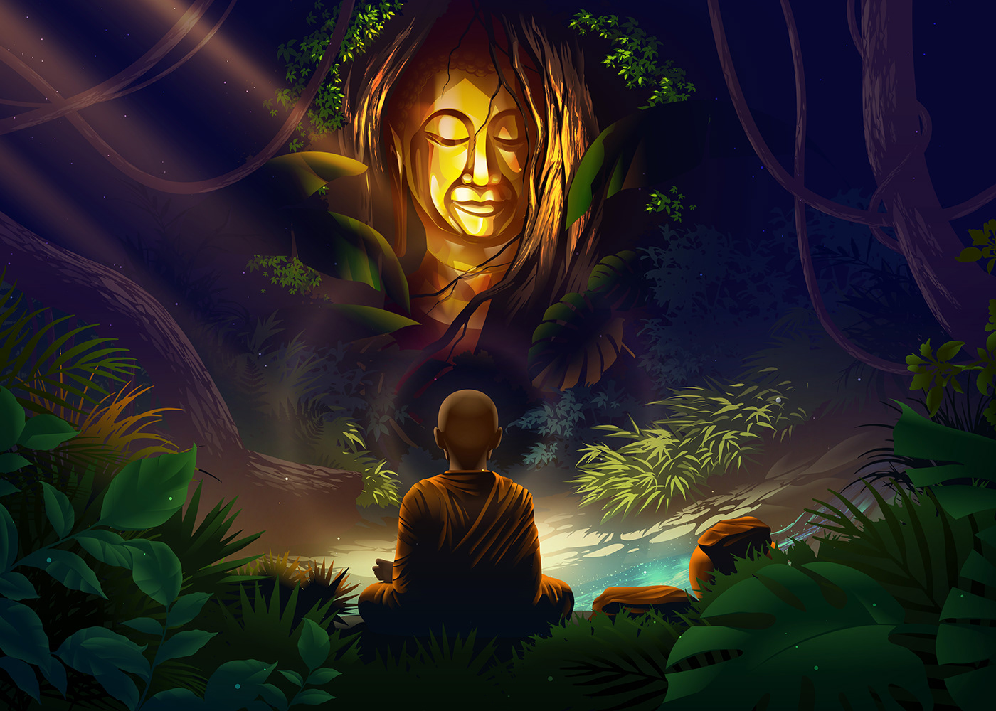 arahant buddhism enlightenment forest Golden buddha holy female monk holy monk holy one monk vector