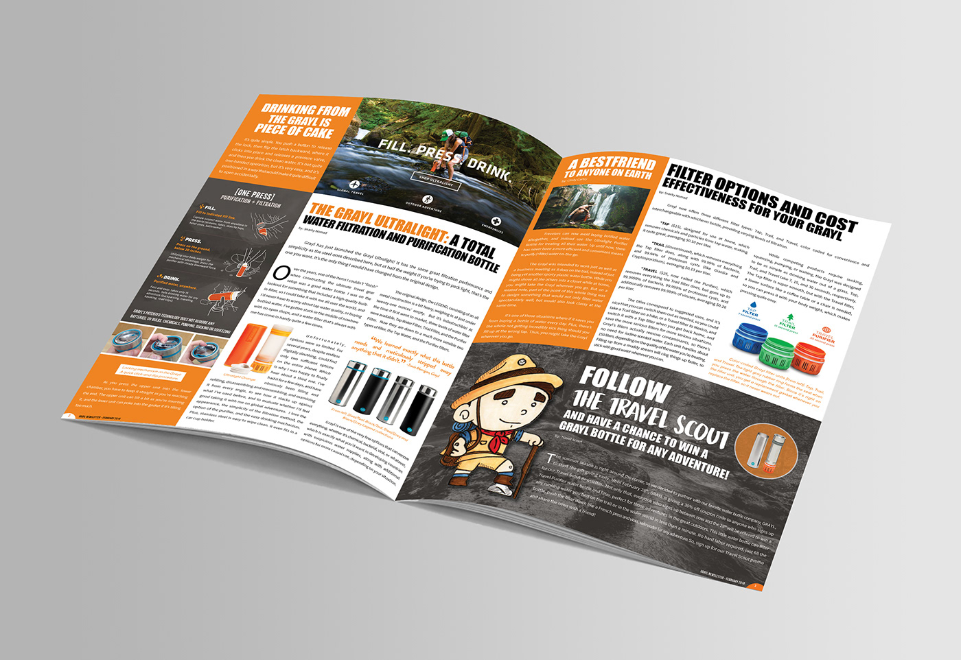 Grayl newsletter page layout Black and orange Water Bottle marketing   Collateral branding 
