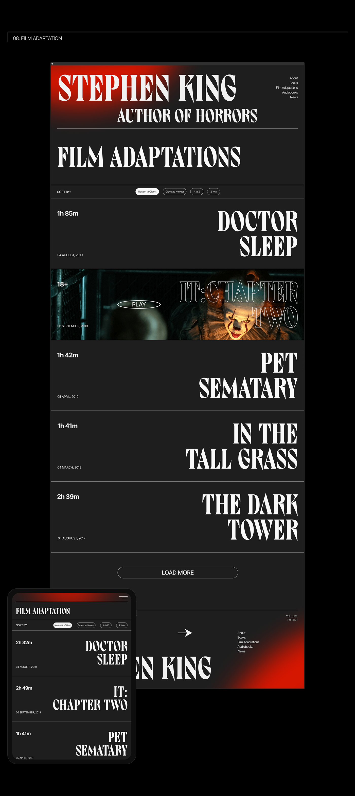 Author book horror popular promo Stephen King typography   UI ux Website