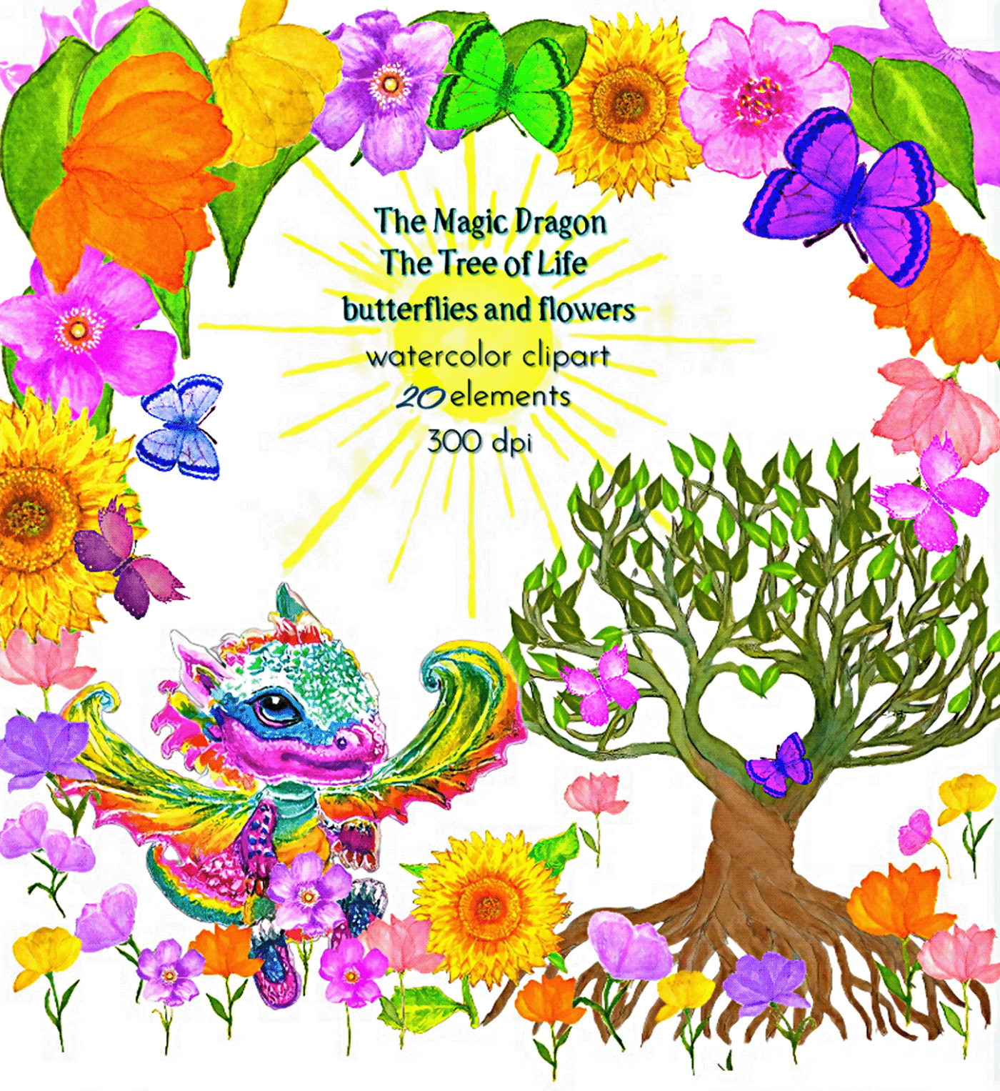 Watercolor clipart with a dragon in a magical garden