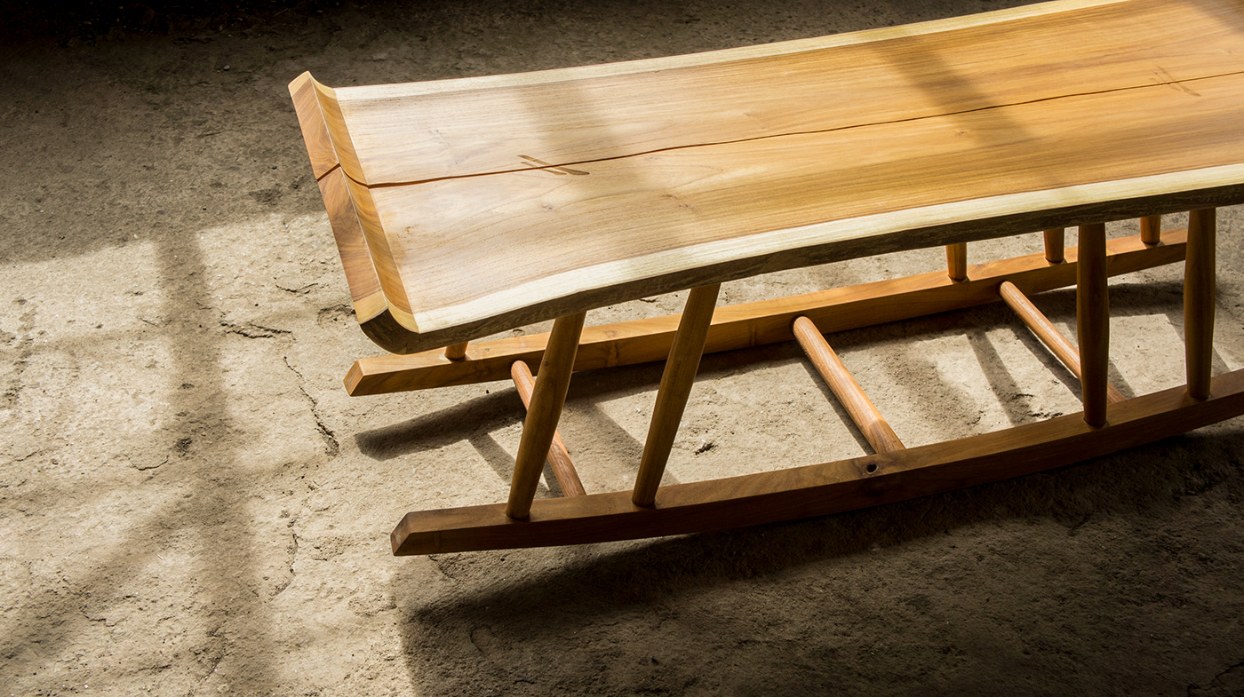 wood bench japanese Joinery seating rocking balance minimal furniture two seater