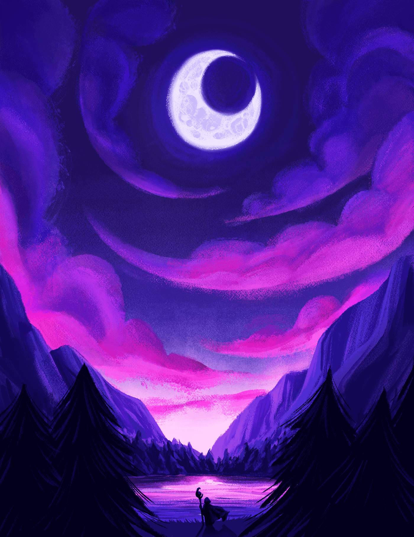 pink purple witch wizard clouds mountains moonlight