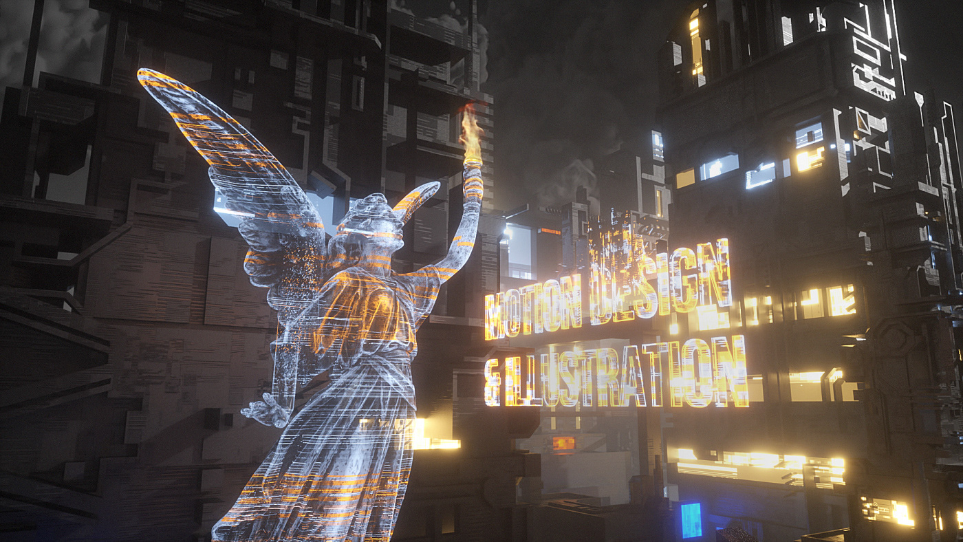 futuristic city hologram lightning Glitch Render 3D CGI Cyberpunk future design