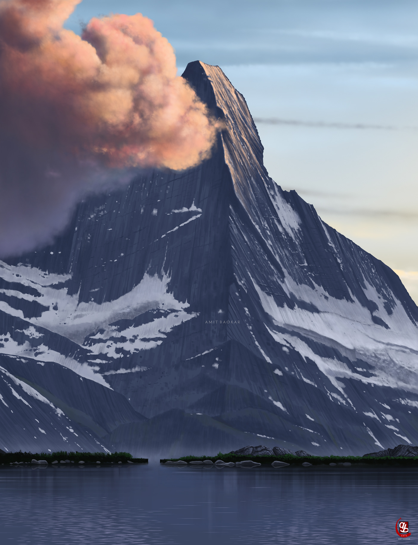 art digitalart digitalpainting ILLUSTRATION  lake mountain painting   scenery snow sunset