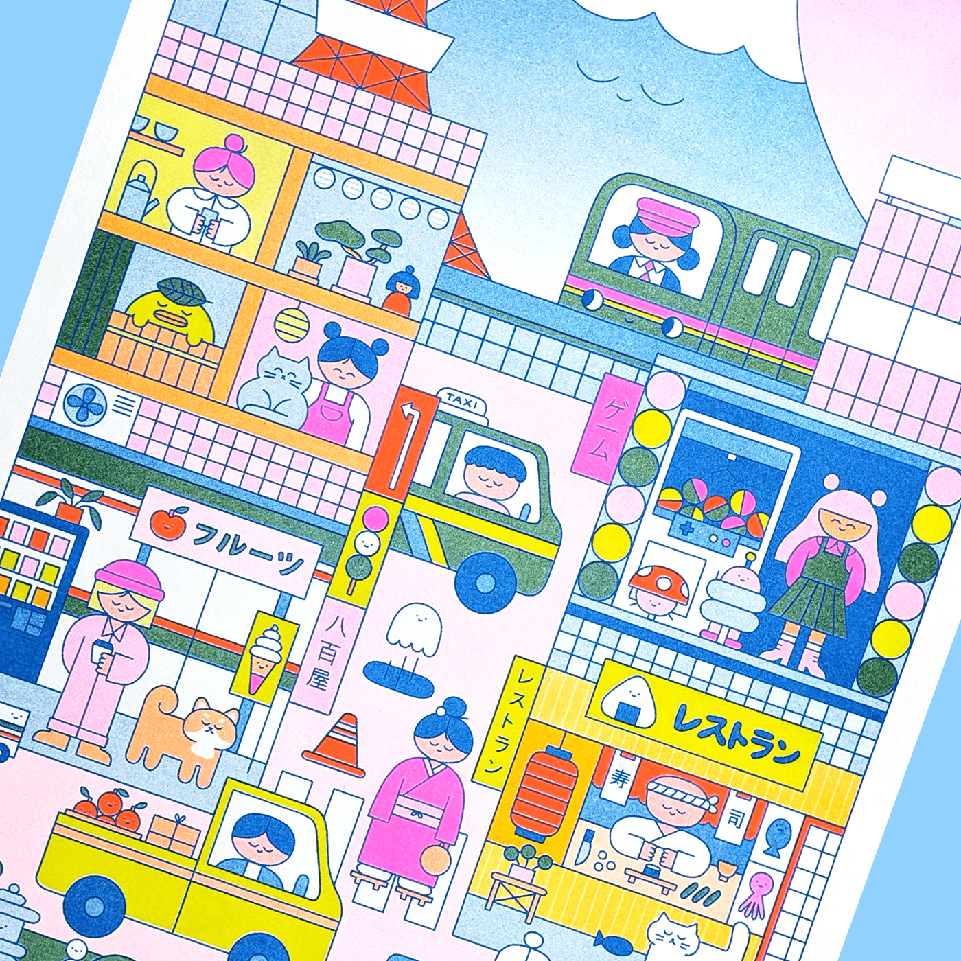 risograph Risoprint japan tokyo Travel asian Colourful  ILLUSTRATION  city Character design 