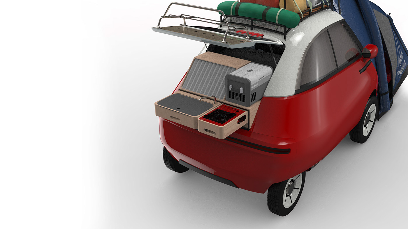 camp camper car design e-car isetta micro microlino Rhino tent