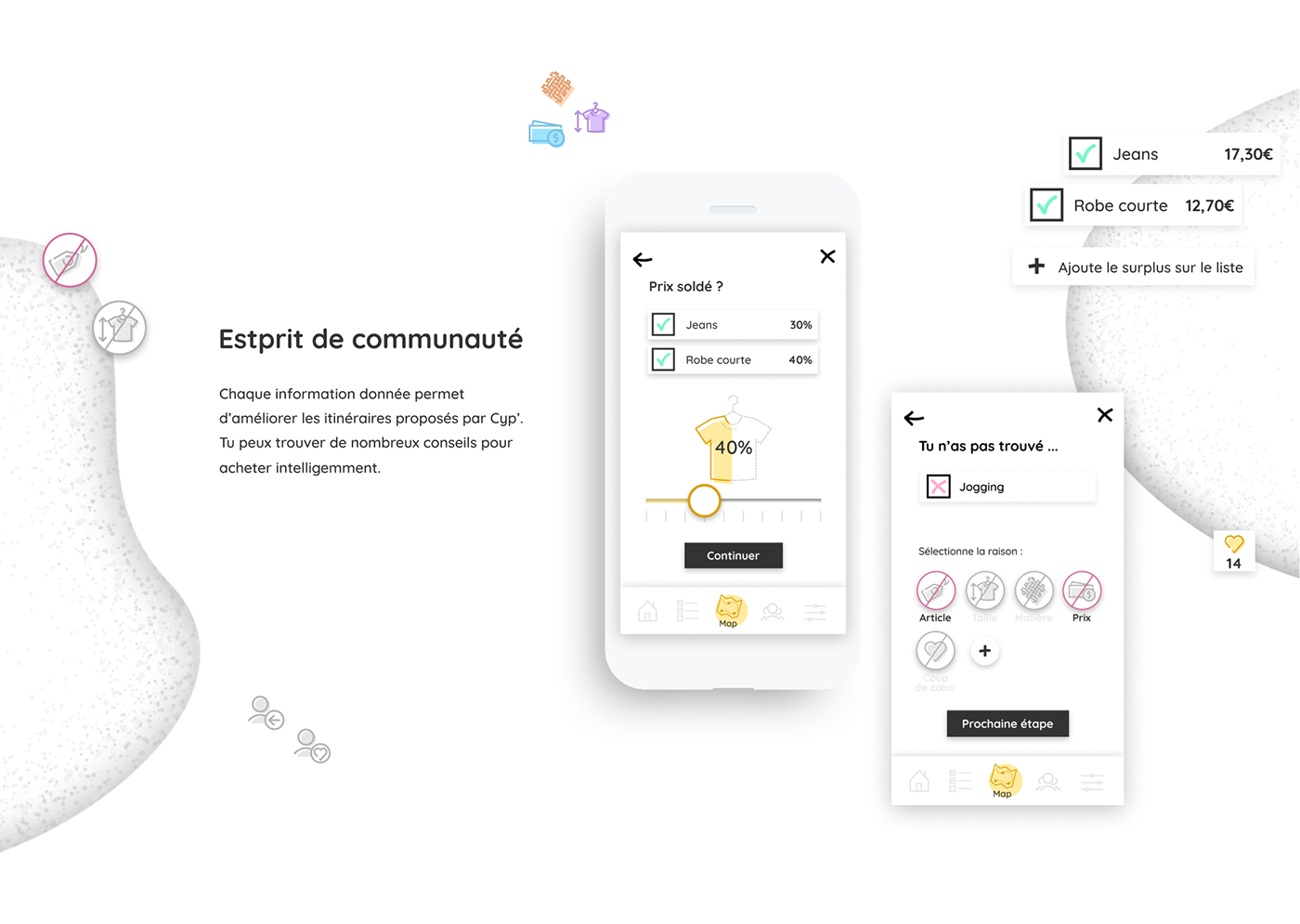application mobile UX design soldes map Itinéraire intelligent UI interfaces SURCONSOMMATION Shopping communauté