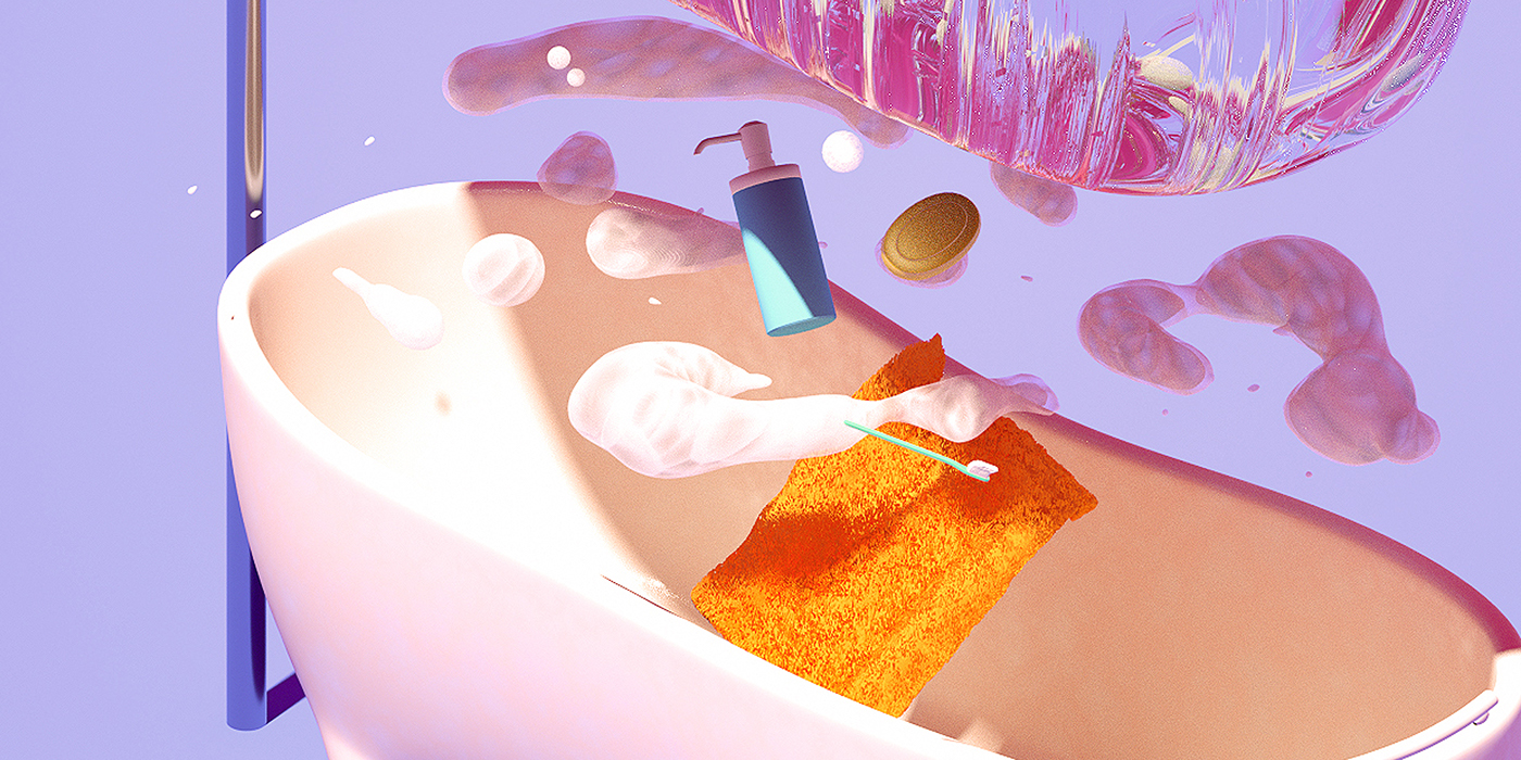Space  Ordinary disappeared gravity antygravity floating Isometric 3D bathroom ramen Pool water color cinema4d octane