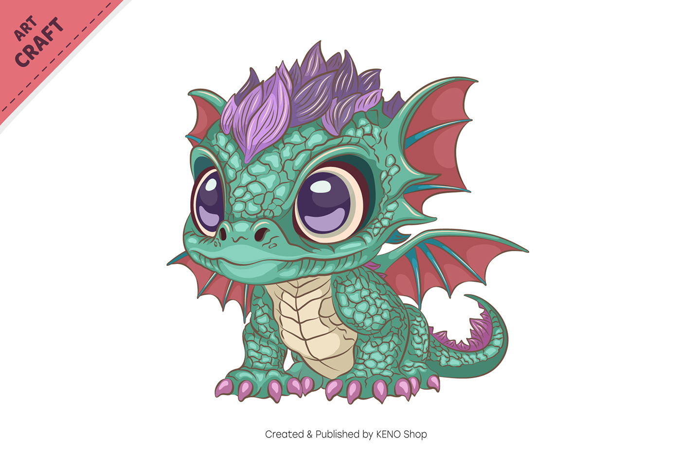 Cute cartoon illustration of sitting Cave baby dragon. Unique design, fantasy mascot.