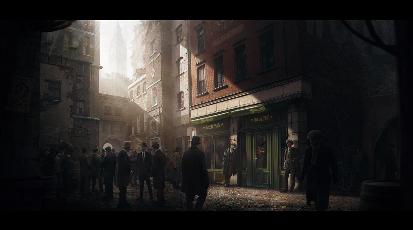 London concept Sherlock Street mafia gang alley brick building city
