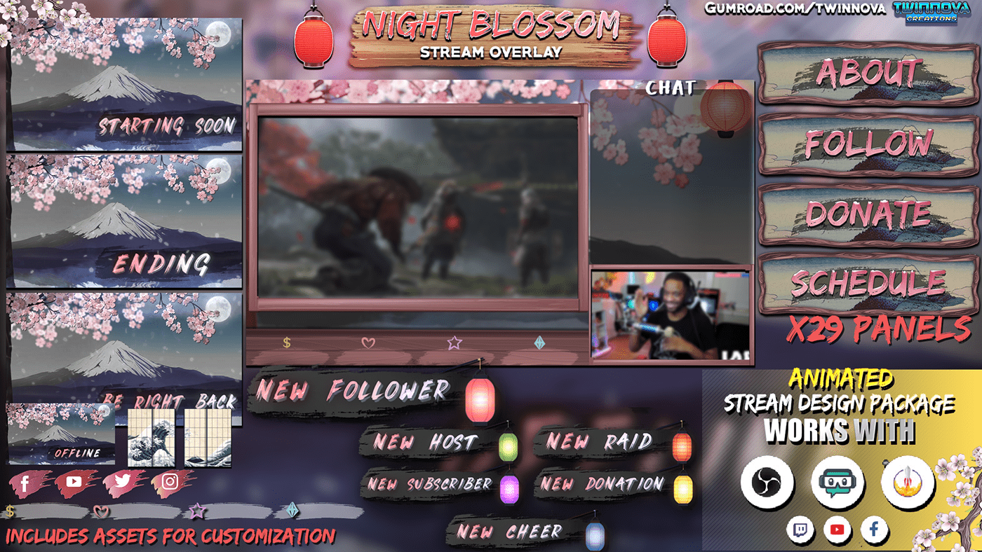 Twitch overlay pack, japanese themed, contains graphics for Twitch streamers.
