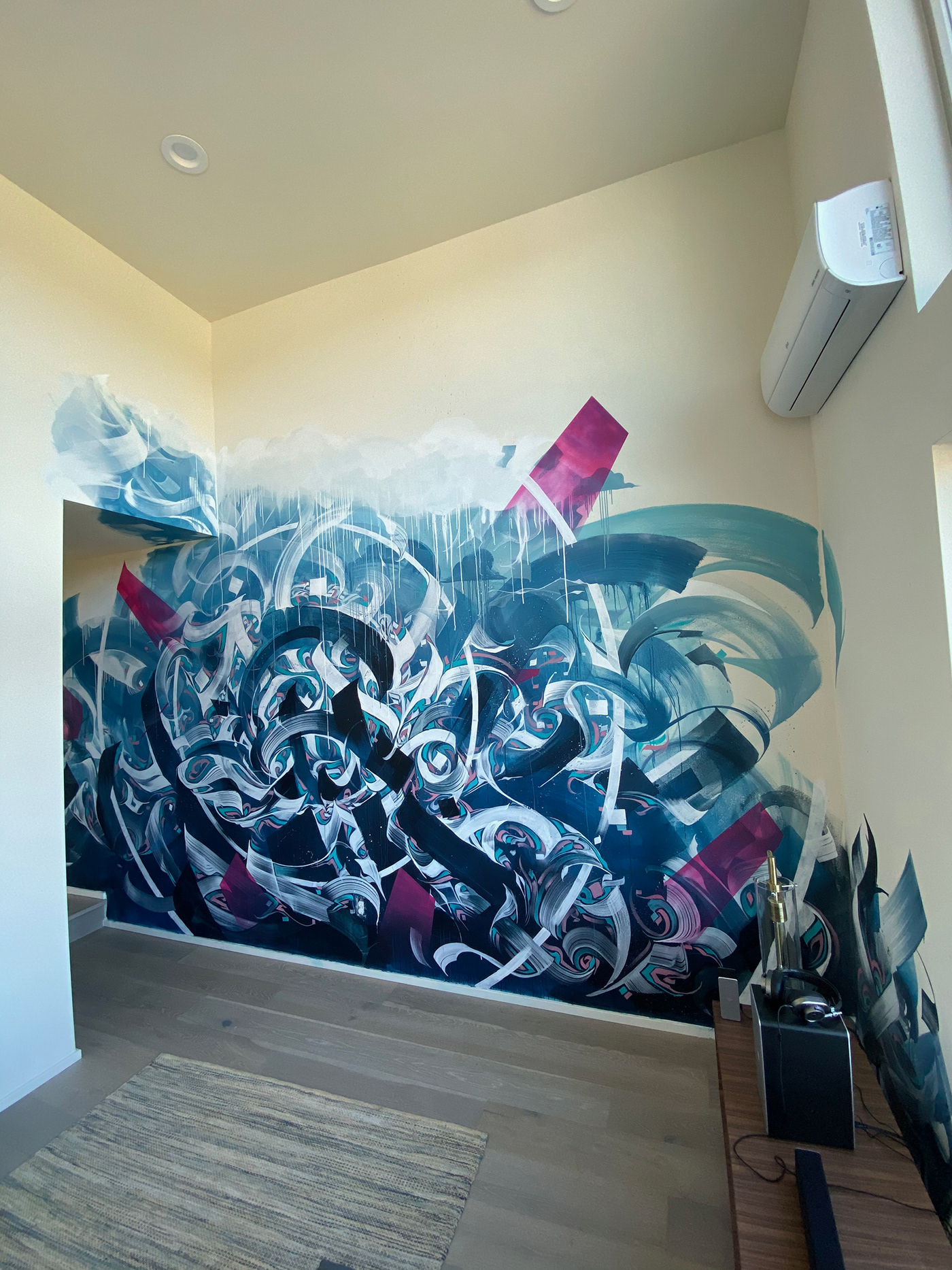 Mural painting   seattle Calligraphy   abstract mural installation blue water flow calligraffiti