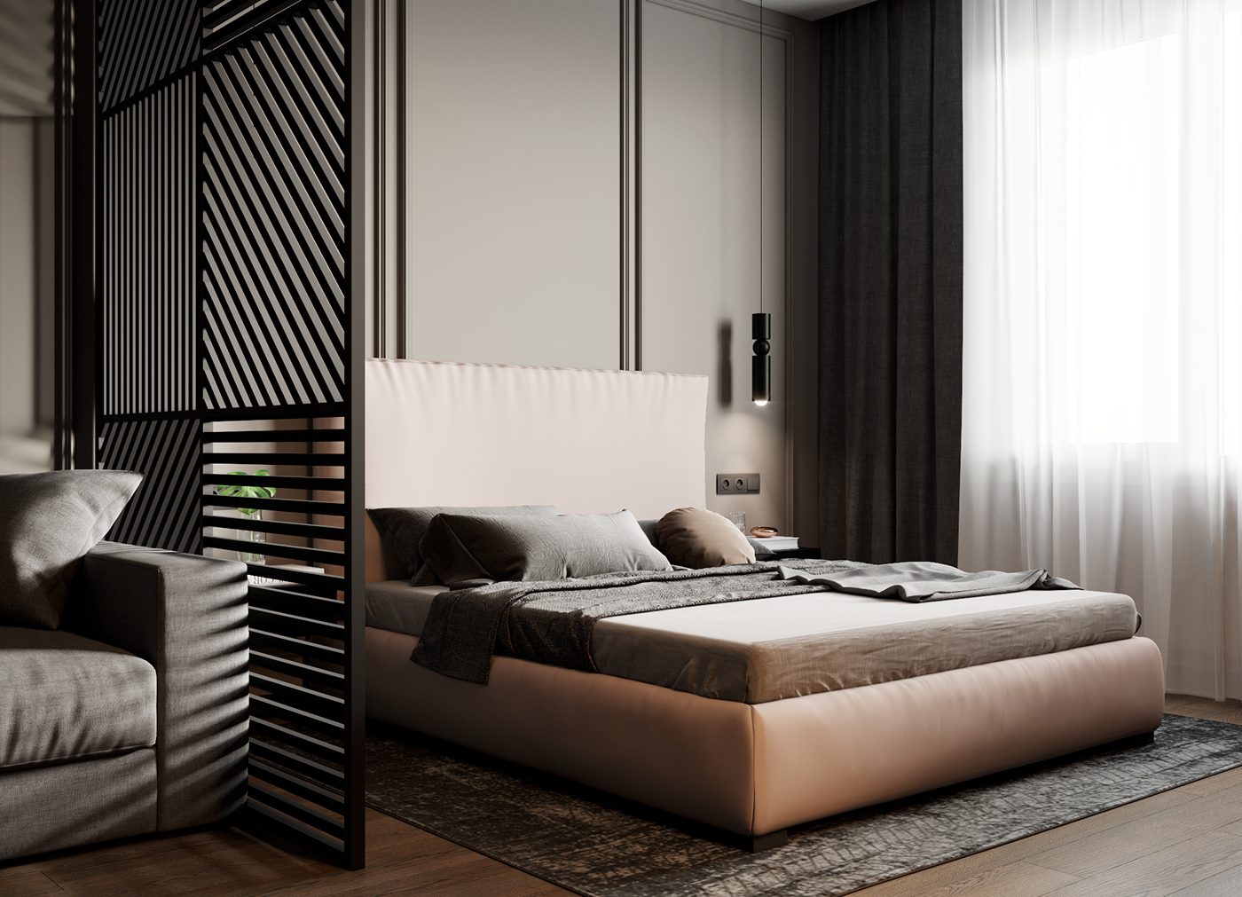 design bedroom grey Interior bed moldings tv rack visualisation corona