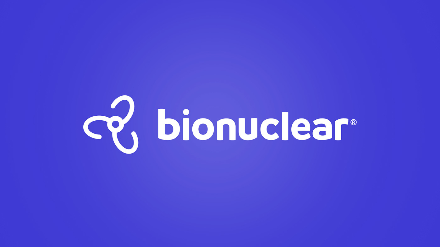 Contém o logotipo da Bionuclear em fundo roxo