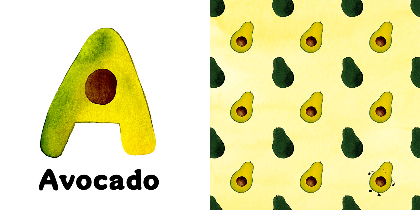 children's book ILLUSTRATION  Food  watercolor alphabet ABC kid yummy pattern adobeawards