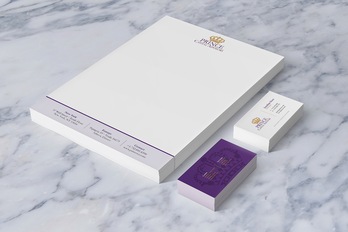 Investment banking Advisors solari creative prince crown purple royal wordpress Stationery letterhead Business Cards