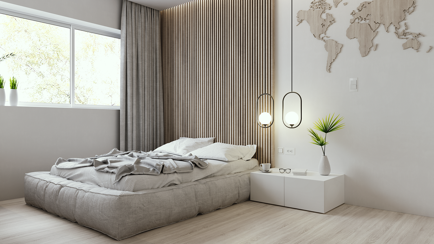 minimal wood White bedroom wardrobe bed gray Nature plants vanity