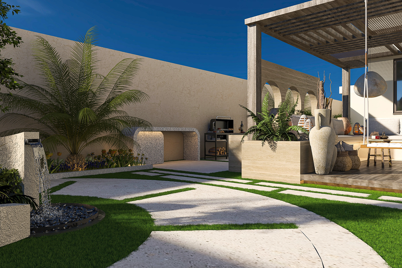 garden Landscape Villa boho japanese doha Qatar architecture 3ds max visualization