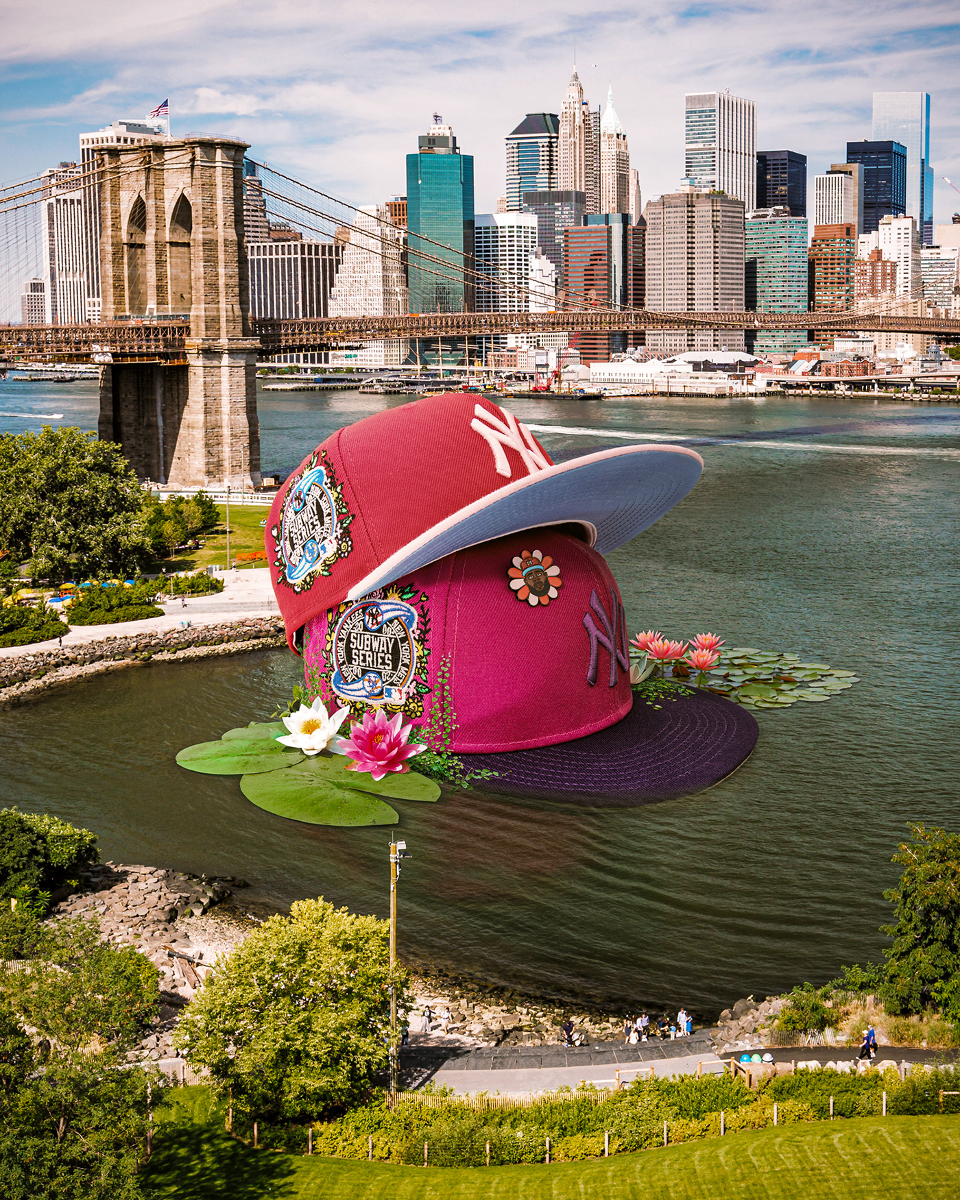 Photo composite of giant baseball hat in New York. Retouching using Photoshop