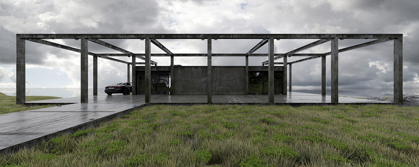 3D architecture archviz Brutalism concrete exterior exterior design interior design  minimal modern