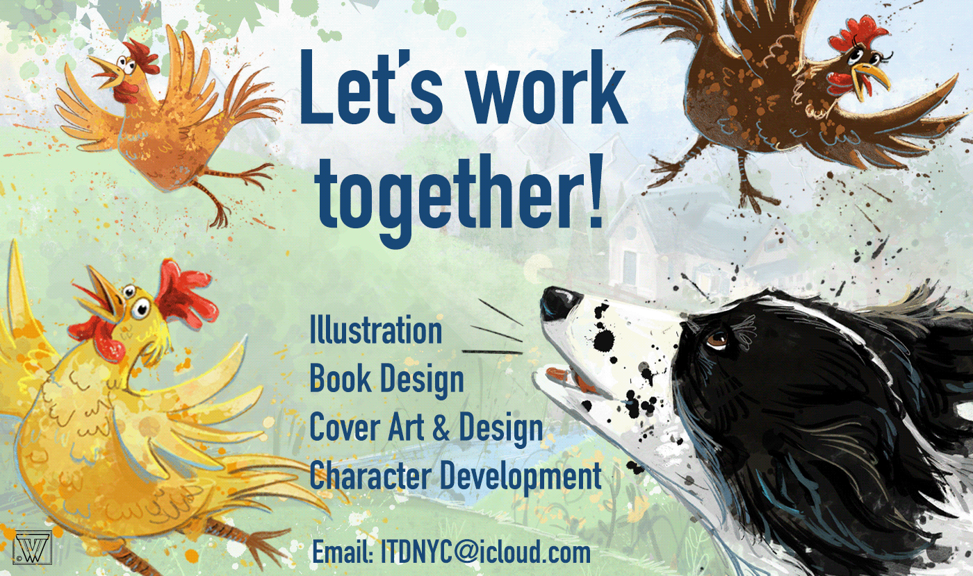 Let's work together on your next children's book project. Cute chickens and a dog on a green setting