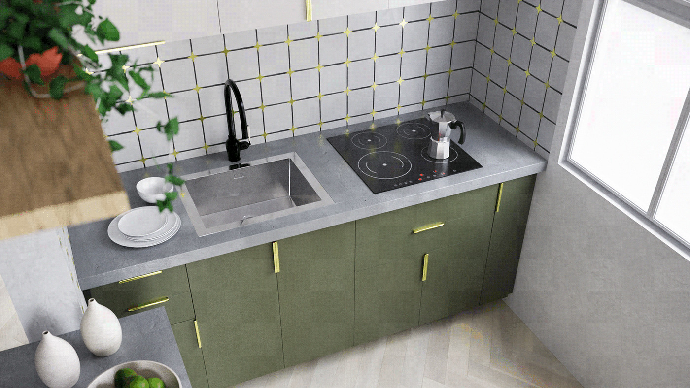 archviz design green interiordesign kitchen remodel Remodeling Render residential smallkitchen