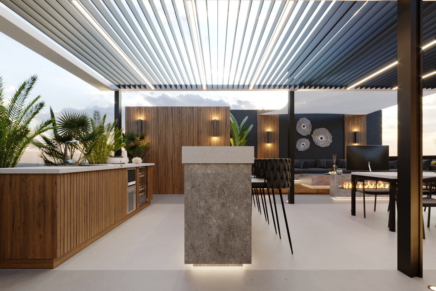 3D contemporary dark Interior modern Render roof visualization