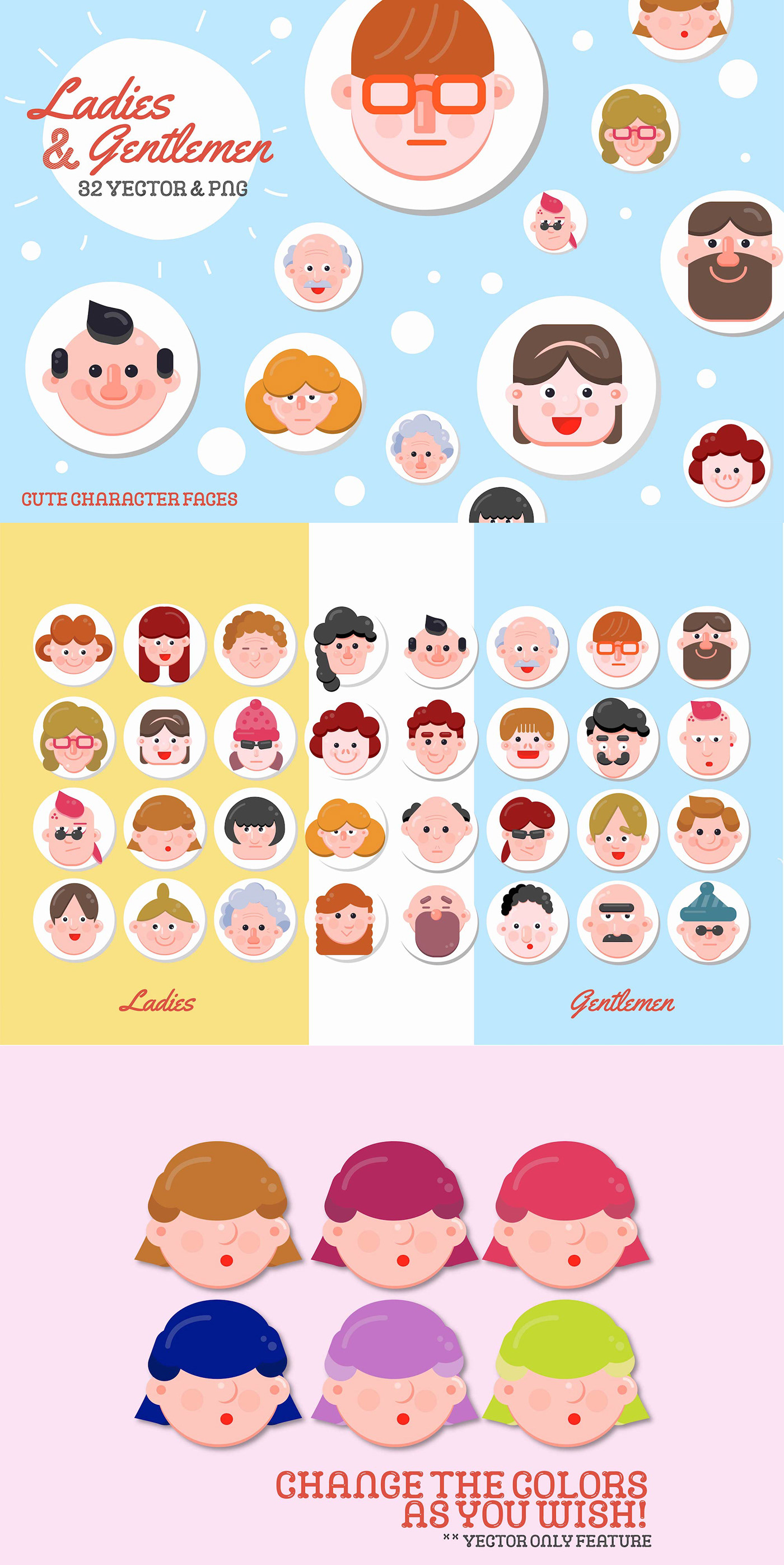 Character Icon female male avatar face cute vector commercial Web