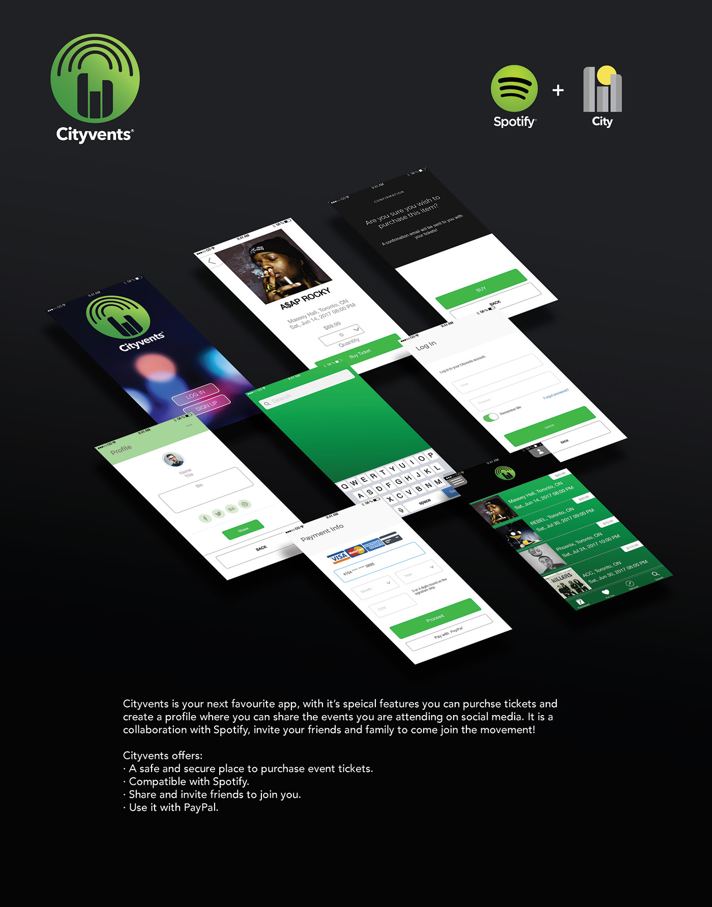 application UI/UX spotify Cityvents apple Experience graphicdesign functional design logo