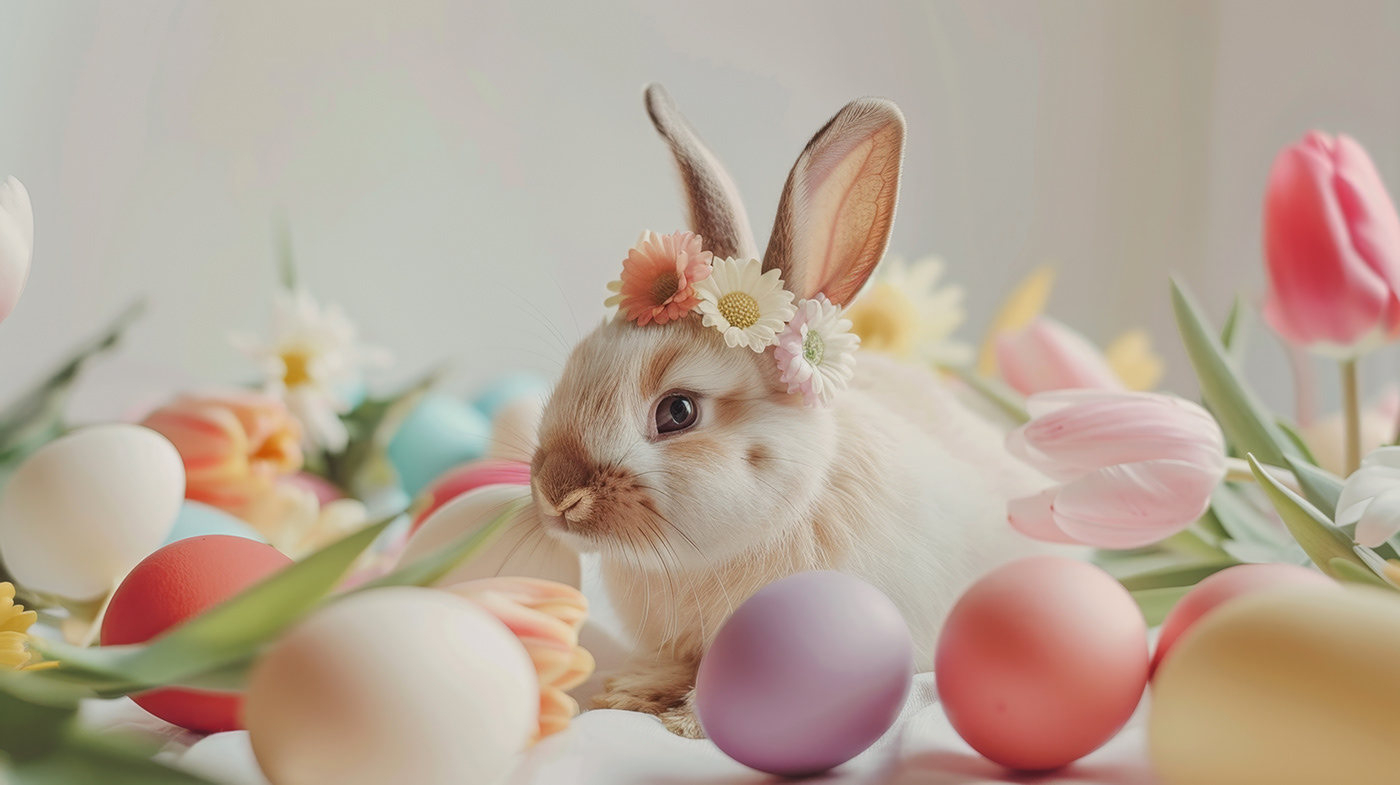 Easter bunny rabbit animal Flowers postcard design midjourney Photography  egg