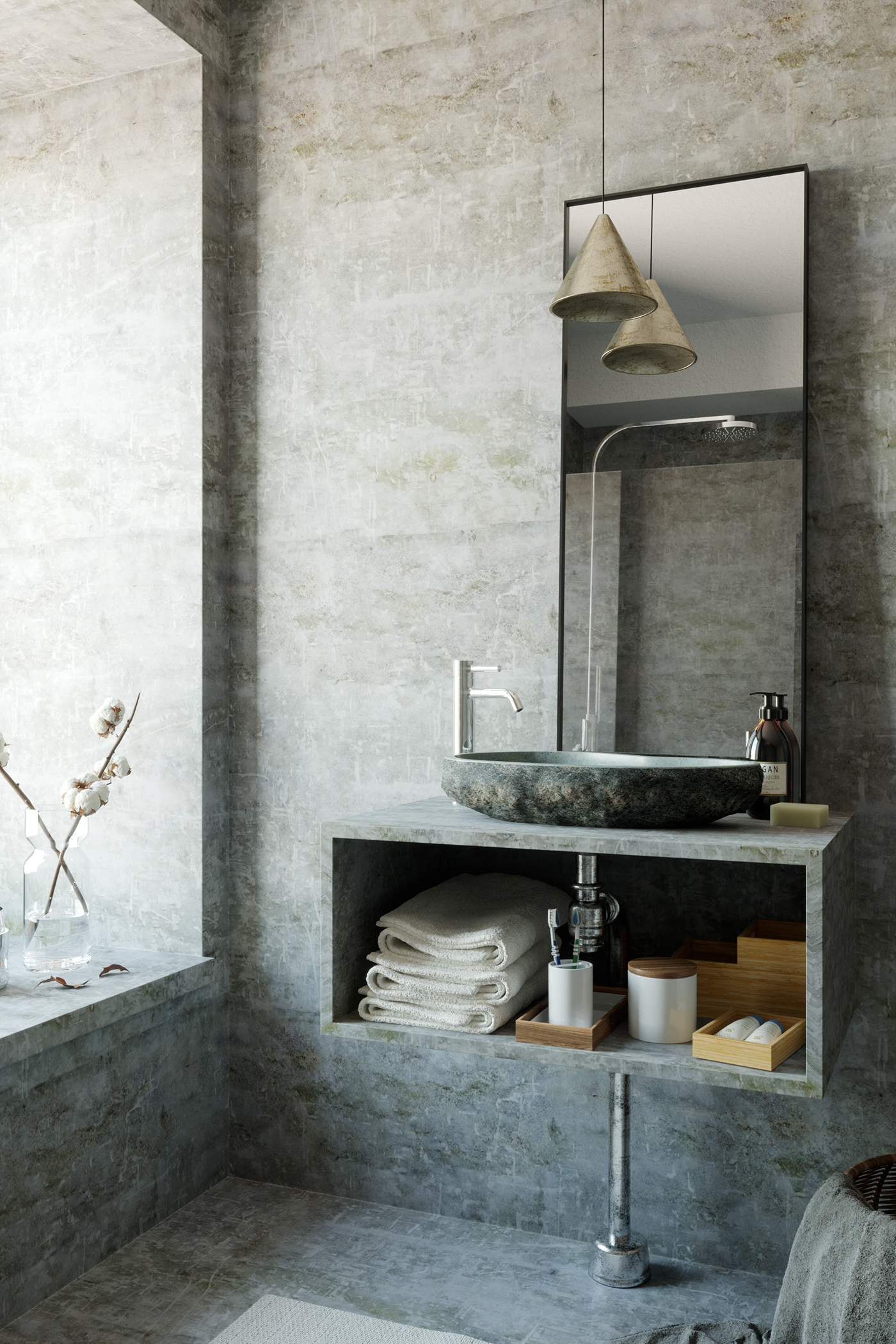 bathroom CGI 3D Visualization scene Interior concrete brass rock