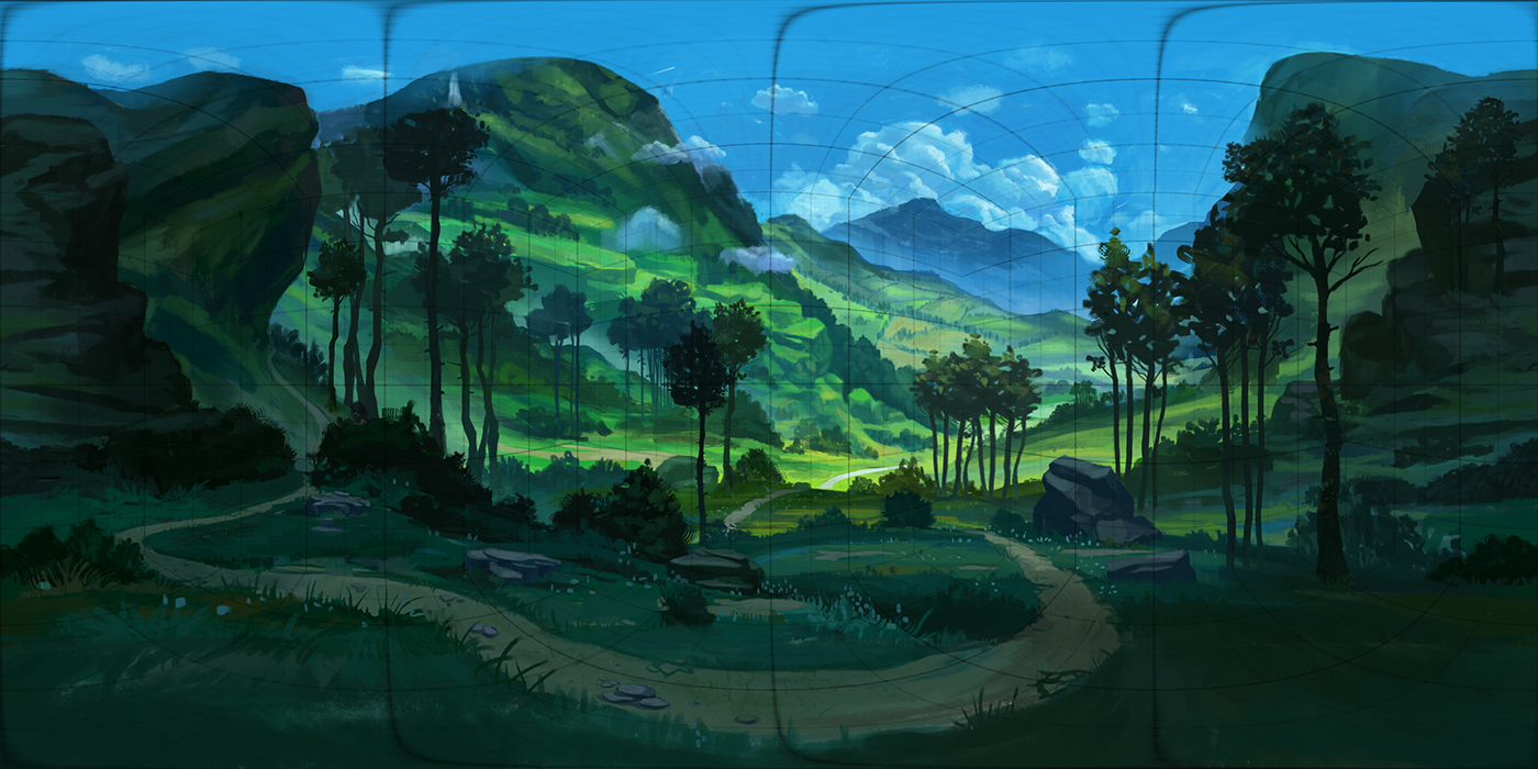environment Ghibli 360° panoramic 360 degrees interactive fantasy Landscape mountains tutorial
