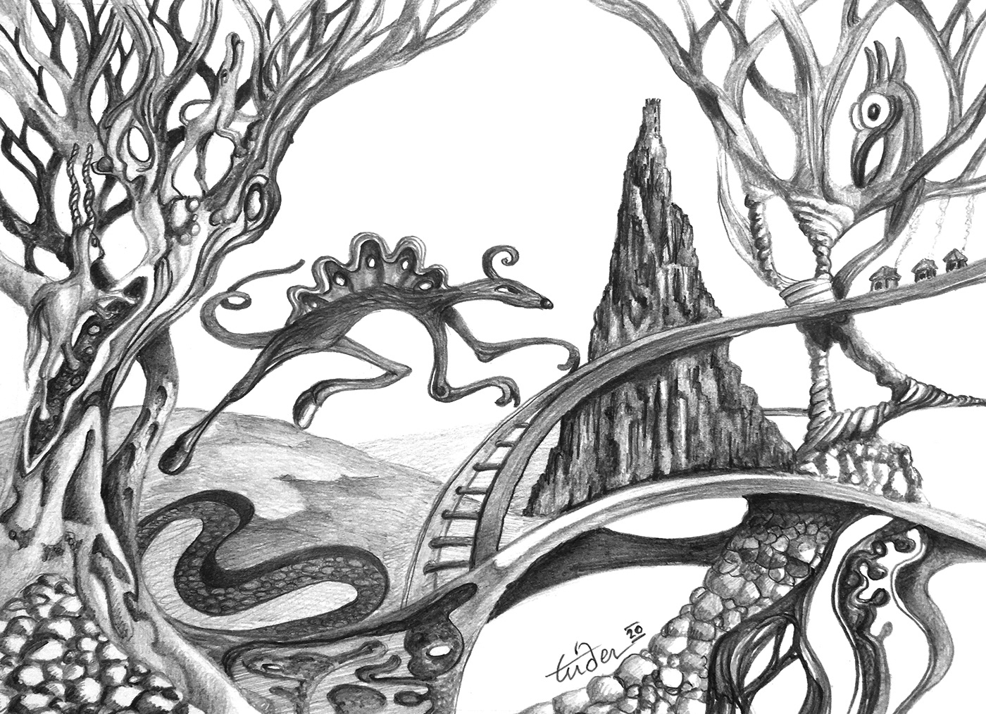 crayon dessin ILLUSTRATION  imaginaire noir et blanc Surrealisme surrealiste animaux imaginaires Dessin au crayon paysage imaginaires