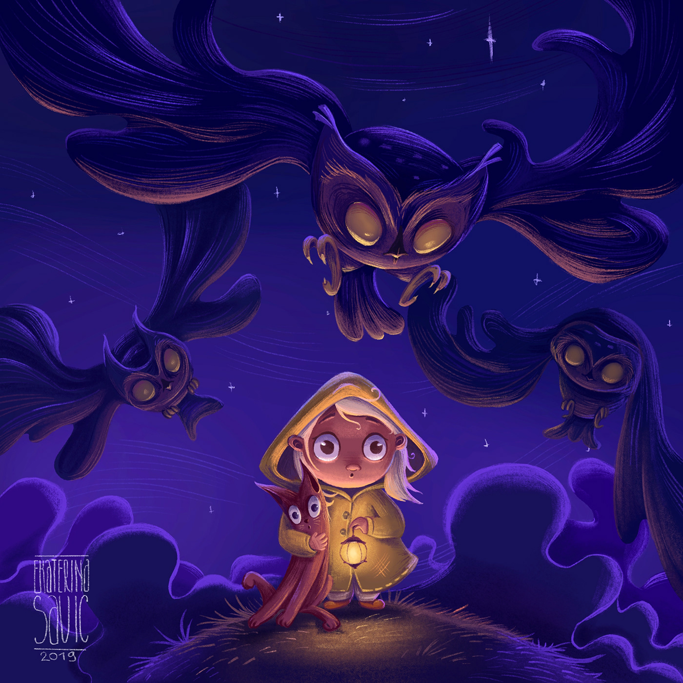 night owl book ILLUSTRATION  Cat cute art Scary spooky Halloween animation  concept art children kidlit