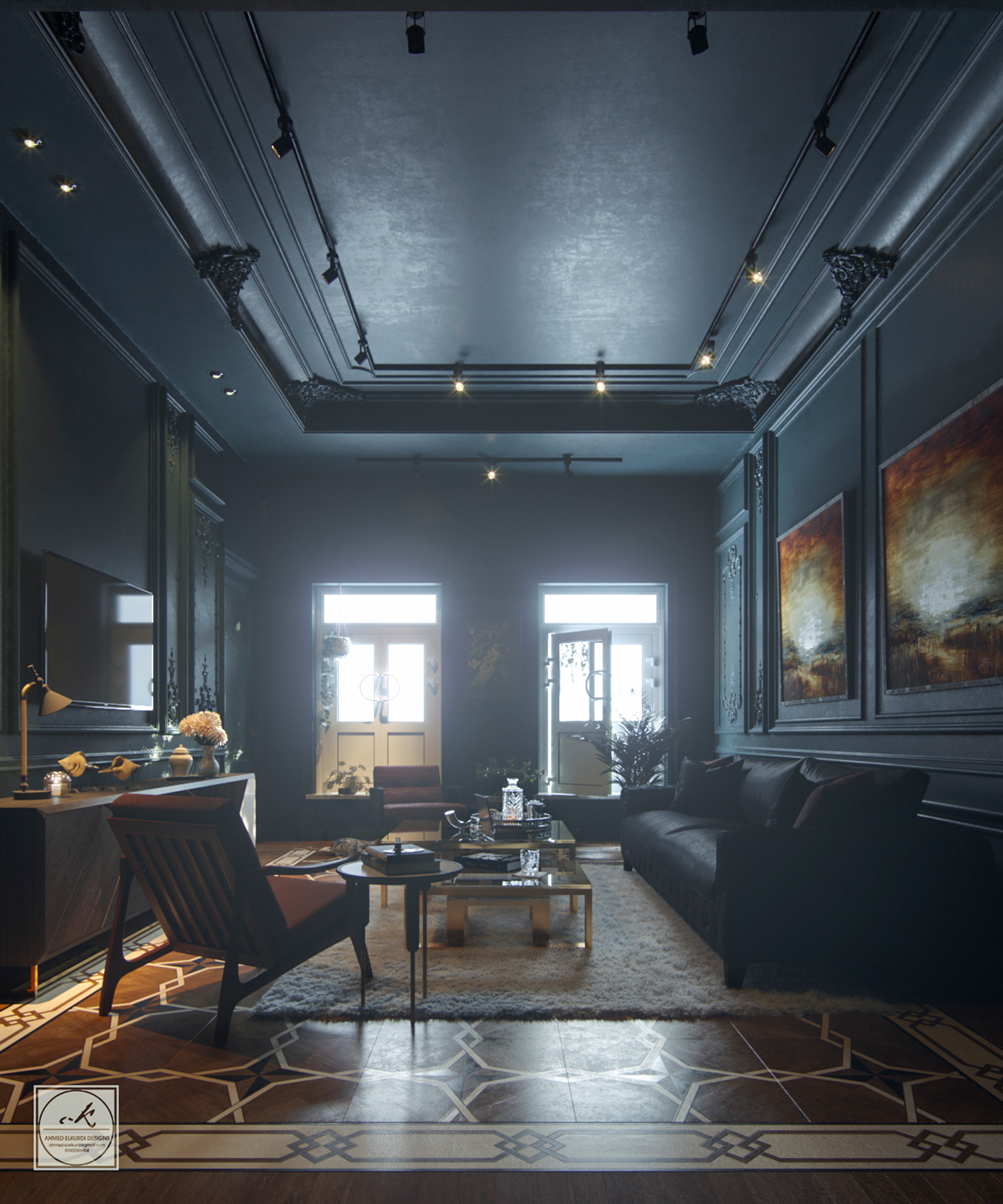 architecture corona renderer dark Day Light fog interior design  living living room Philipp Selva sofa
