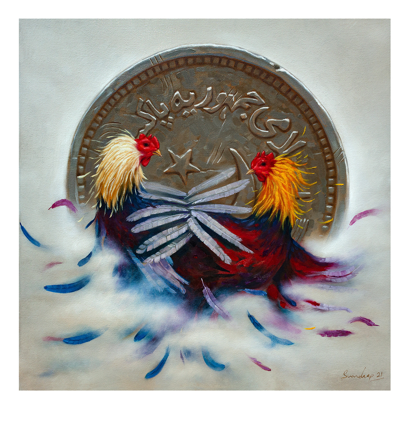 currency oil on canvas painting   pakistani Rooster sundeepartist