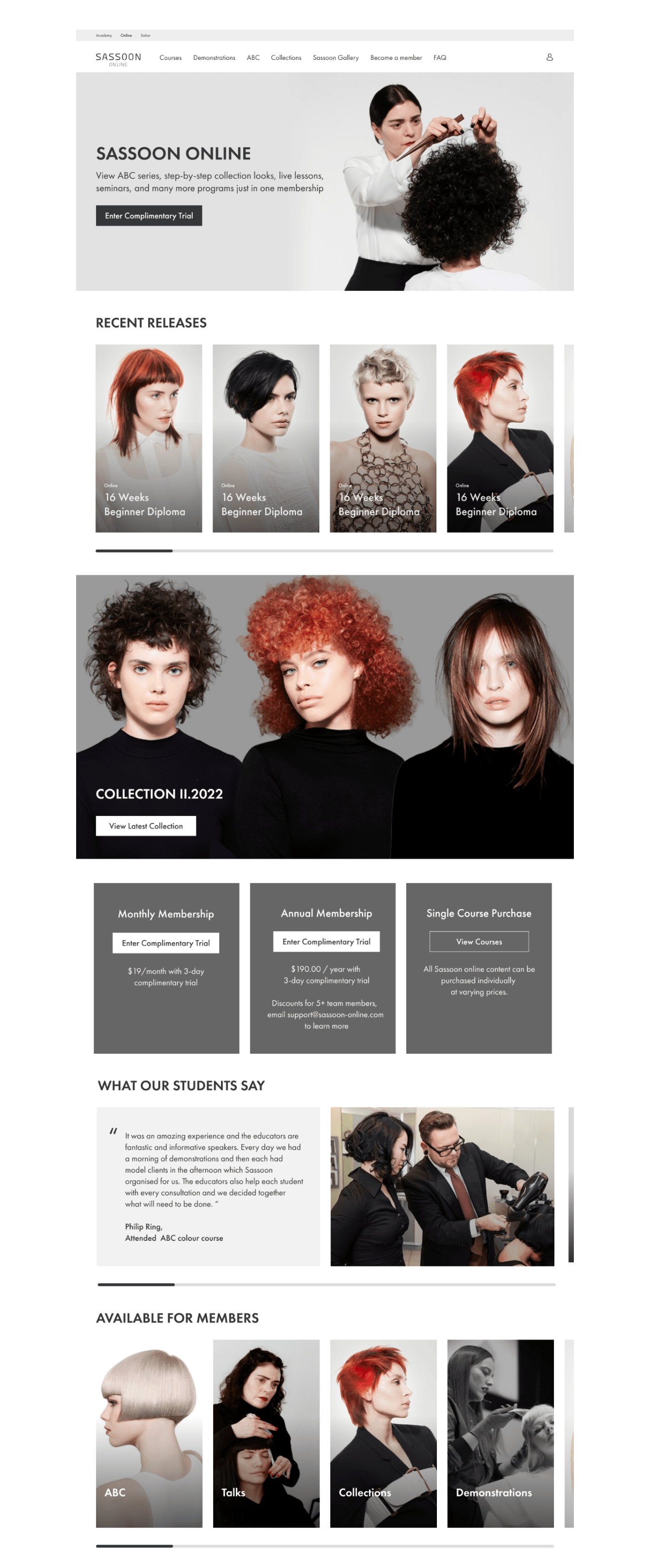 screenshoot of the website homepage. website about online hairdressing courses
