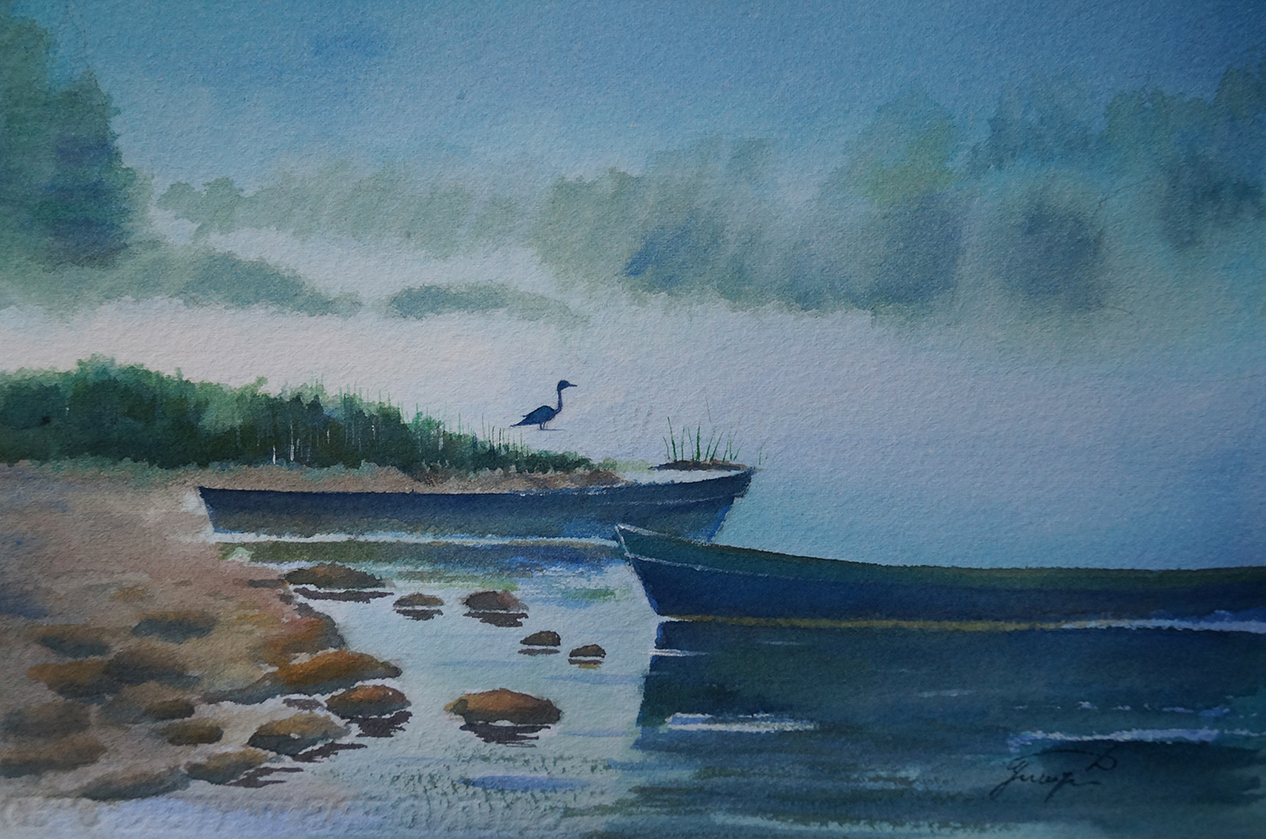 акварель камни картина лодки отражение пейзаж река туман утро цапля