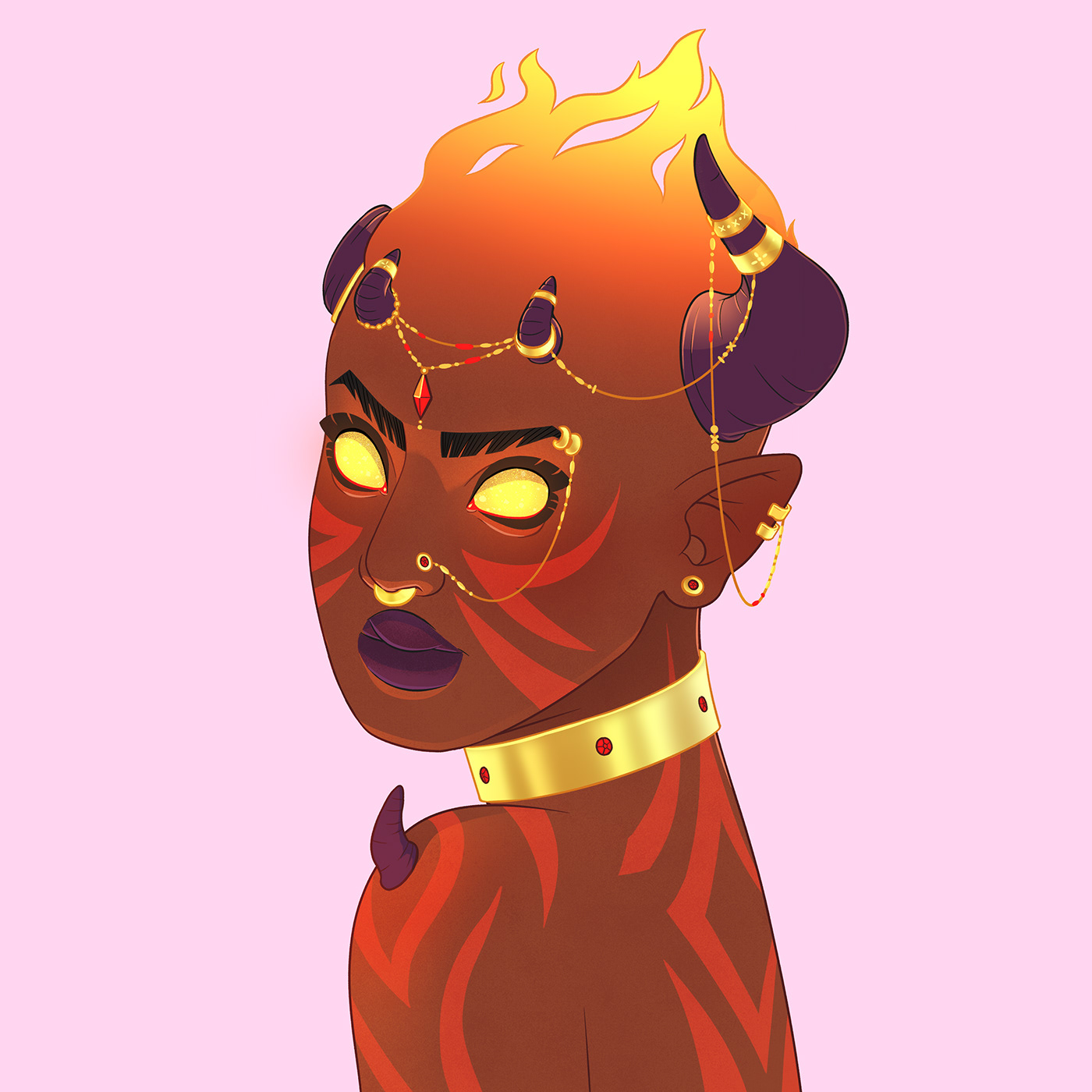 fire girl Character goddess ILLUSTRATION  jewerly pretty woman demon horns