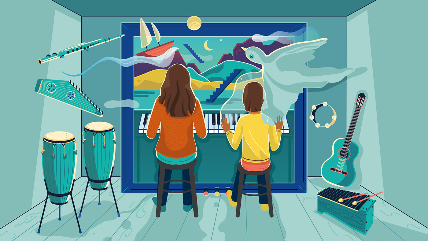 blue children dream imagination instruments music people Piano therapy vector