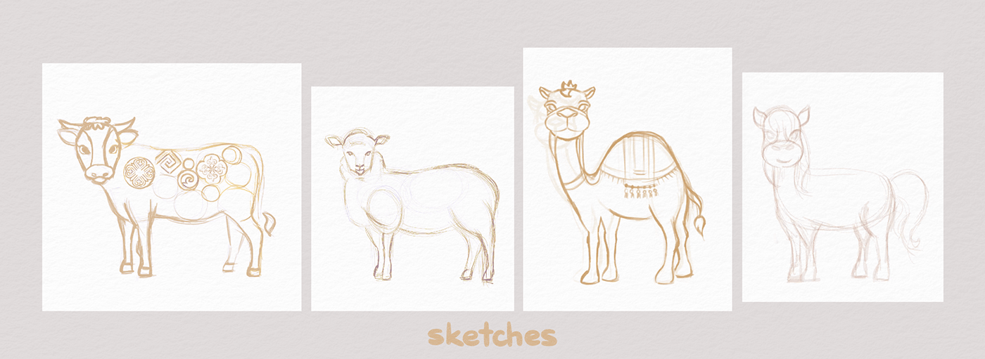 Livestock horse camel sheep childrens illustration book illustration cute illustration ornamental kazakh cow Ethnic cultural