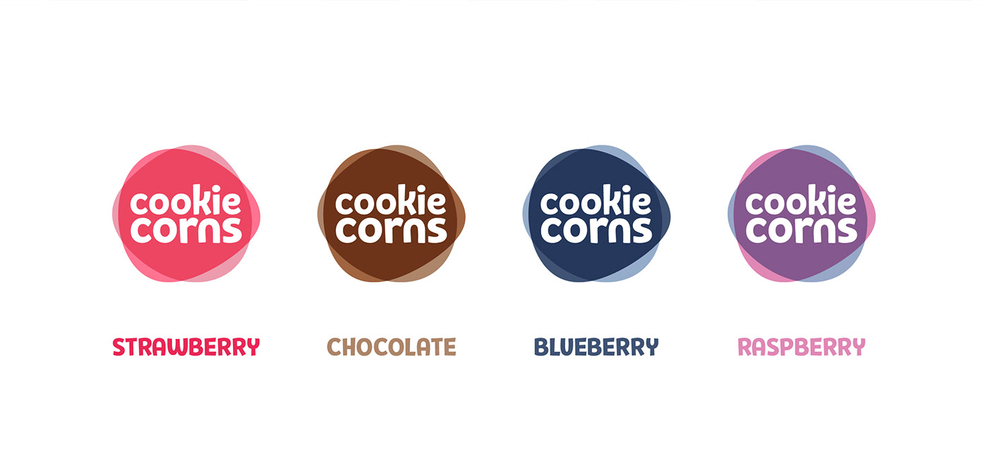 Cookie corns four logos for each flavor: chocolate, raspberry, blueberry, and raspberry