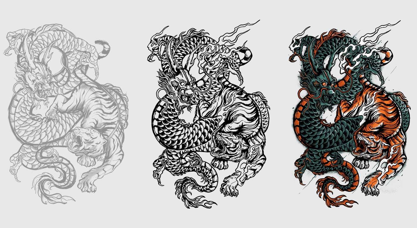 art artwork Digital Art  digital illustration dragon Drawing  ILLUSTRATION  japanese tiger
