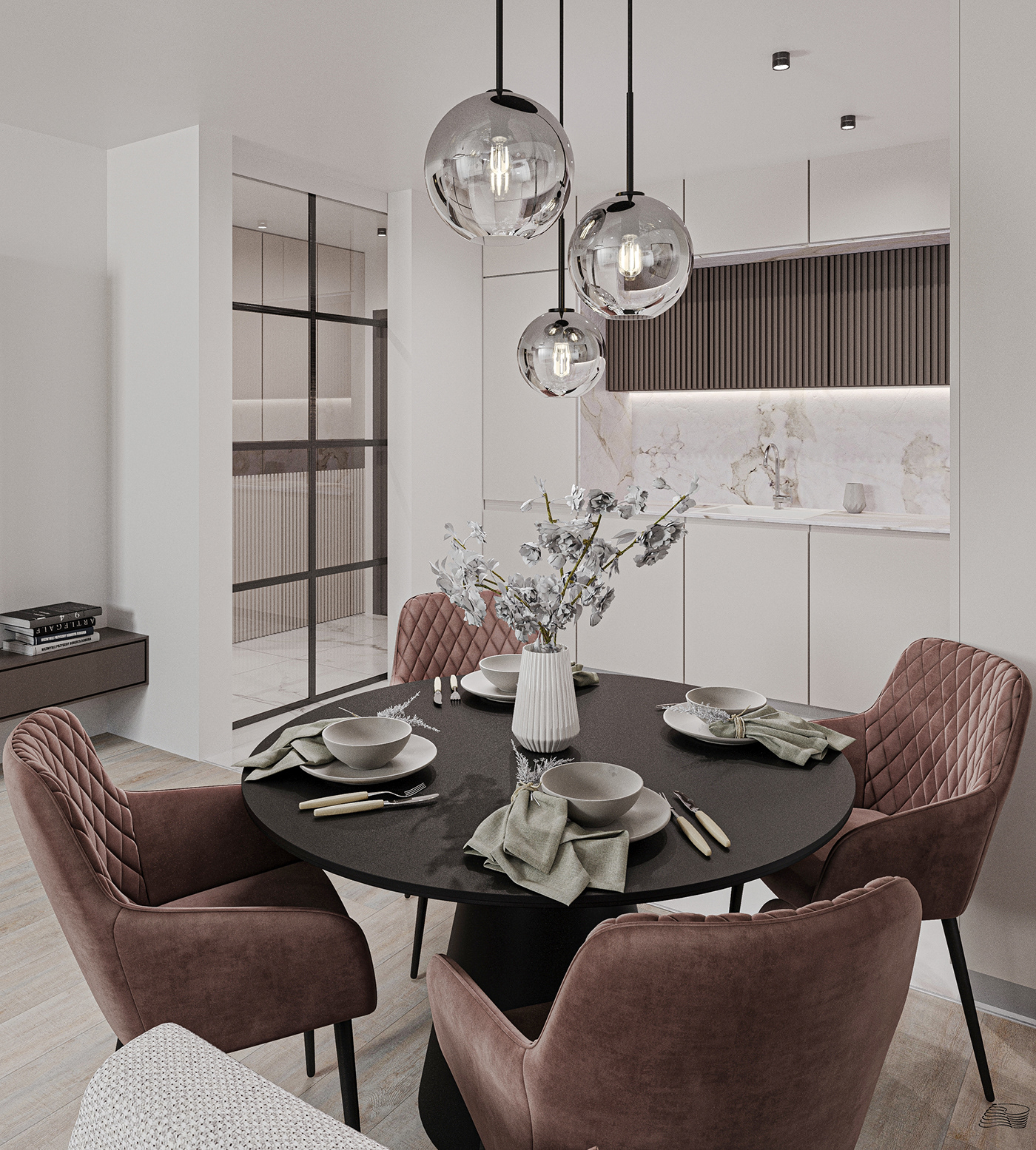dark wood ecru interior living room kitchen design Marble minimalist Modern Design neutral palette Sleek Lines velvet chairs